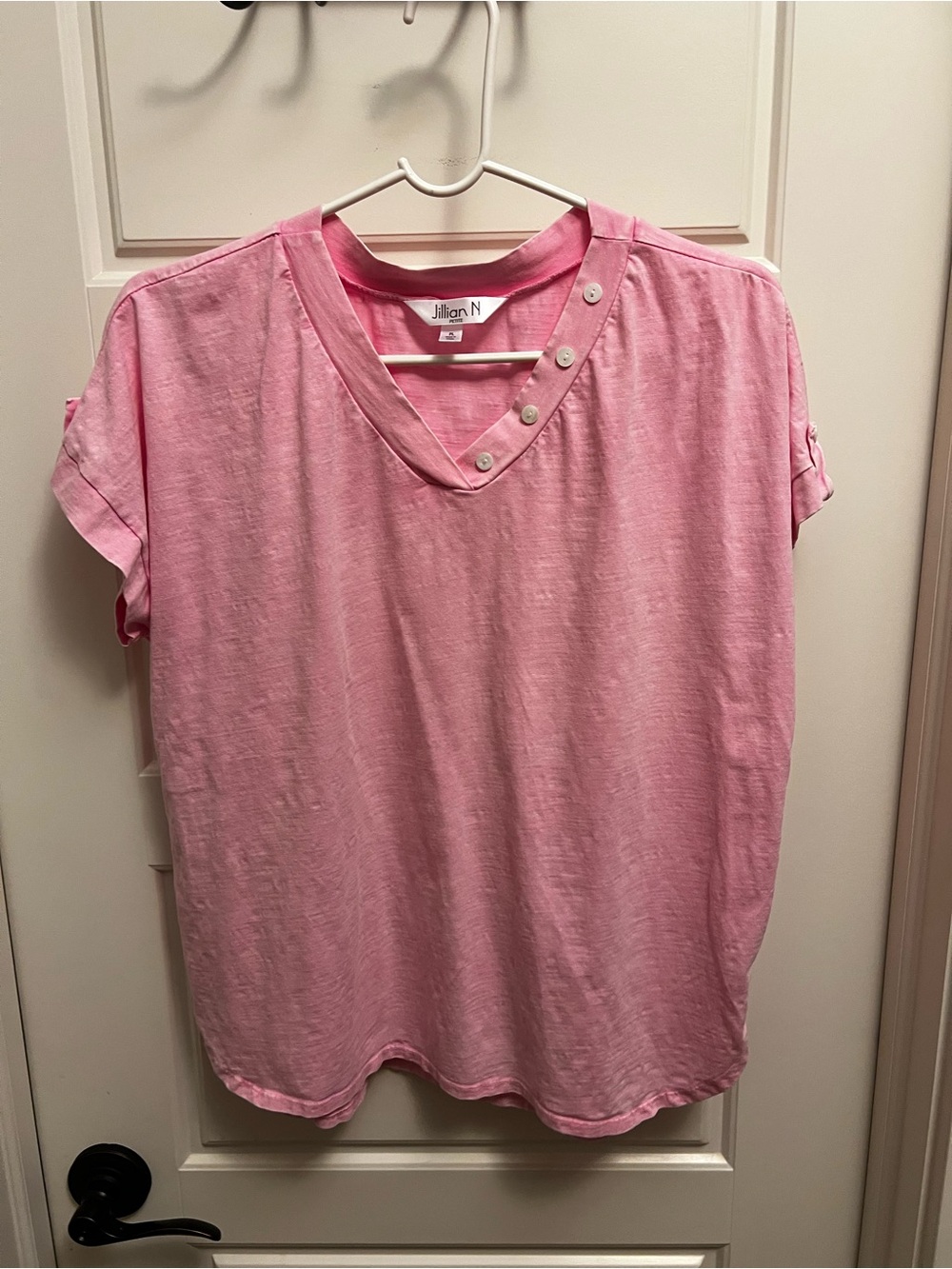Pink Short Sleeve V-Neck Button Detail Tee